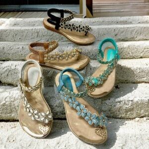 Italina Atalina Green Floral Daisy Rhinestone Embellished Slingback Sandal